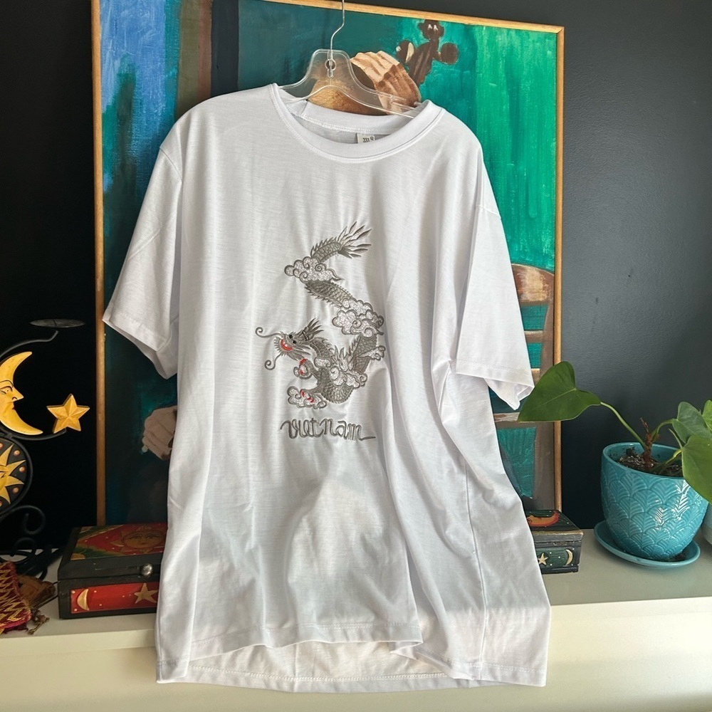 Vietnam Dragon Embroidered T-Shirt White Cotton Graphic Tee Men’s 3XL Travel - Picture 10 of 11